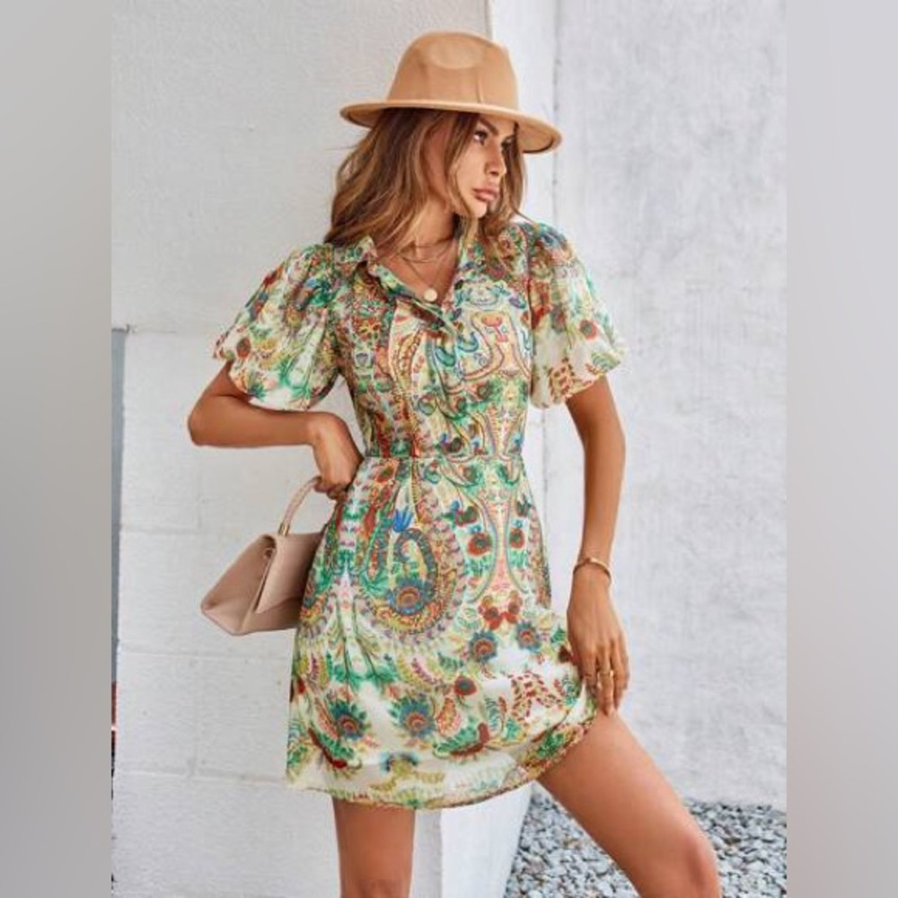 SundayUp Paisley Puff Sleeve Button Down Mini Dress